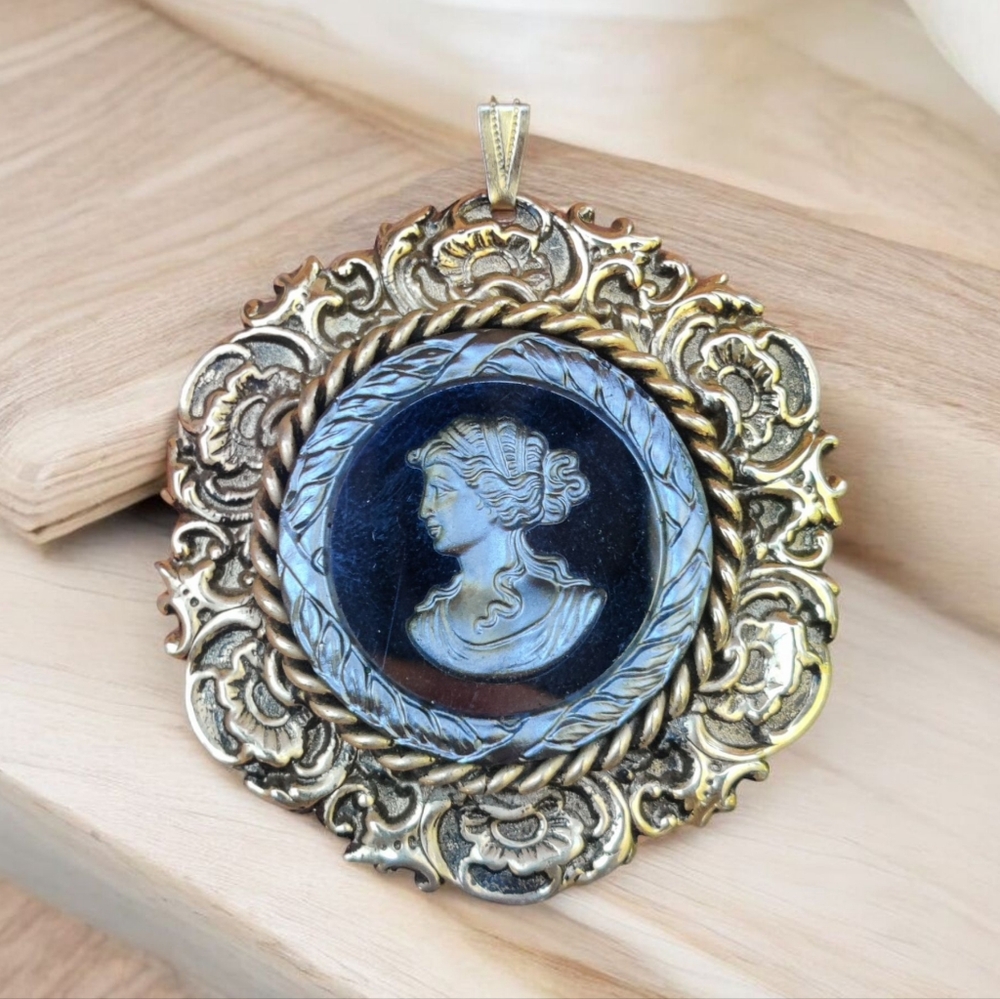 Large Vintage Hematite Relief Left Facing Cameo Pendant